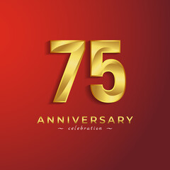 75 Year Anniversary Celebration with Golden Shiny Color for Celebration Event, Wedding, Greeting card, and Invitation Card Isolated on Red Background