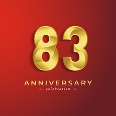 83 Year Anniversary Celebration with Golden Shiny Color for Celebration Event, Wedding, Greeting card, and Invitation Card Isolated on Red Background