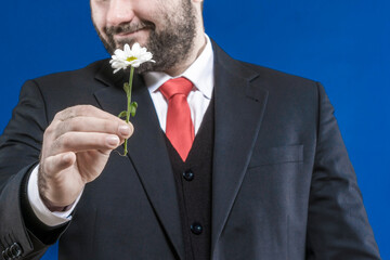 Brutal person. Romantic. Women's holiday. Sexy male look. A man in a business suit with a red tie holds a daisy flower in his hands. International women's day