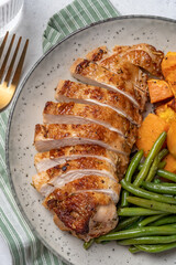 Grilled chicken breast, fillet with sweet potato or pumpkin and green beans, healthy food, top view