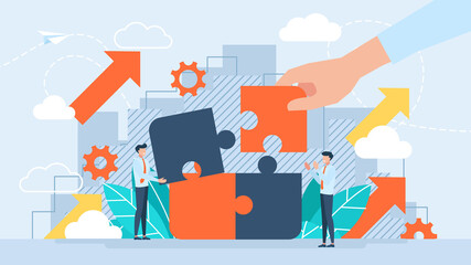 Teambuilding concept. Business illustration. The tiny characters connecting puzzle elements. The metaphor of teamwork, cooperation, team building, presentation, development. Vector flat design style. - obrazy, fototapety, plakaty
