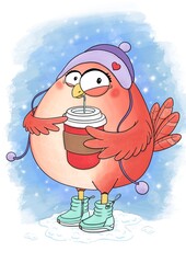 Funny bird in hat with coffee, cappuccino