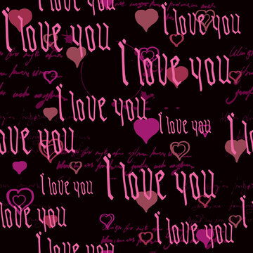 Seamless pattern Gothic Text I love you, hand written words.Sketch, doodle, lettering, hearts, happy valentines day. Vector illustration pink background