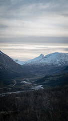 view inside the valley below from the top of a mountain road in Norway