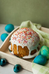 Easter celebration. Cakes and Easter eggs. Colored eggs.