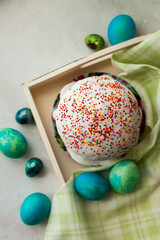 Easter celebration. Cakes and Easter eggs. Colored eggs.