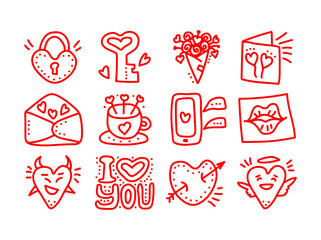 Set of hand drawn Valentines day Doodle vector icons. Valentine day Love Hearts, mug, flowers, mobile phone, lips, letters, angel, lock, demon, messages icons.