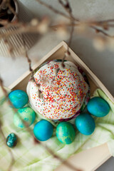 Easter celebration. Cakes and Easter eggs. Colored eggs.