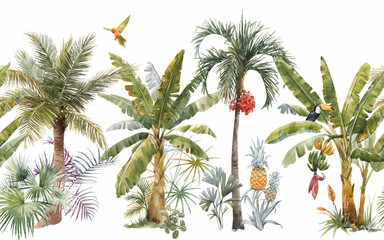 Beautiful tropical horizontal seamless pattern with watercolor hand drawn palm trees. Stock illustration.