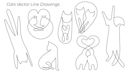 Cats vector line drawings, 猫のイラスト、線画、一本描き