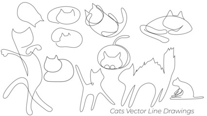 Cats vector line drawings, 猫のイラスト、線画、一本描き