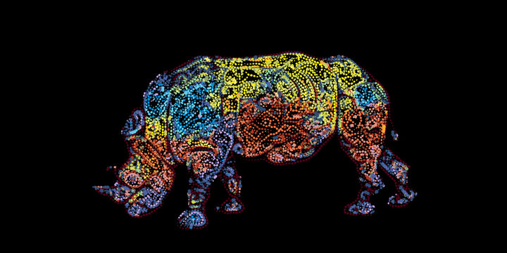 Abstract Rhinoceros. Vector colorful illustration. Pointillism style. Isolated on black background.
