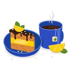 Cup of hot tea and a plate with chocolate-lemon slice of cake. Decoration with lemon and leaves. Vector graphic.	