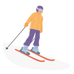 Boy skiing flat vector illustration, character wearing sports mountain clothes. Happy childhood, winter holidays, outdoor activities, sports holidays, seasonal holidays.