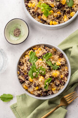 Vegan meal of quinoa with corn and black beans. Healthy organic vegan food