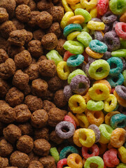 Sweet breakfast cereals - crispy fruit rings and chocolate snacks. Lots of objects. Ready-to-eat meals, express breakfasts. Healthy foods. Healthy food. Advertising, banner.