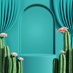 podium with tropical plant for product display.