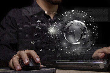 Freelance and earnings on the Internet. Global digital technologies. Connection to the global Internet network. Man working at laptop	