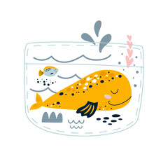 Whale in pocket. Cute cartoon whale, fish, corals, seaweeds. Underwater life picture book concept illustration. Whale under the sea. Ocean life vector print. Funny sea life graphic element.