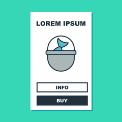 Filled outline Fishing bucket with fish icon isolated on turquoise background. Fish in a bucket. Vector