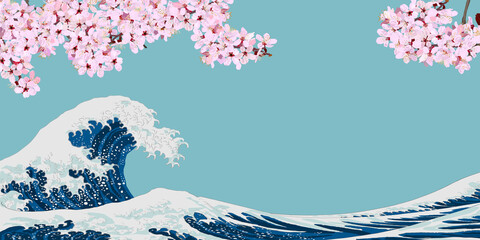 Cherry blossoms in full bloom and Hokusai's Japanese ukiyo-e style waves, spring sea, vector illustration, graphic, copy space, website, banner, header, sign, poster, nature, spring, botanical © allstar