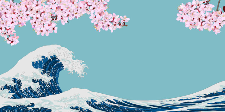 Cherry blossoms in full bloom and Hokusai's Japanese ukiyo-e style waves, spring sea, vector illustration, graphic, copy space, website, banner, header, sign, poster, nature, spring, botanical
