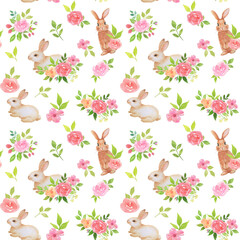 Watercolor seamless pattern with Easter bunnies and flower bouquets. Spring colorful decor with hand drawn illustrations on white background