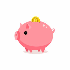 Concept of Crypto currency. Piggy bank with bitcoin isolated on white background. Blockchain. Bitcoin saving or accumulation of money, investment.