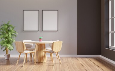 mock up frame wall simple white and gray interior with wooden dining table.3d rendering