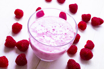 milkshake made with fresh raspberries in a glass