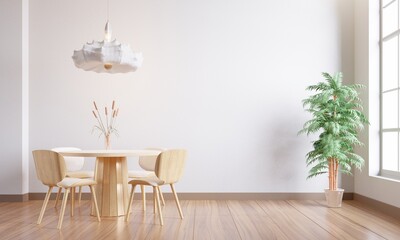 mock up frame wall simple white interior with wooden dining table.3d rendering