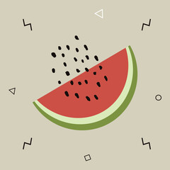 Abstract poster with watermelon. Contemporary art. Abstract elements, fruits and berry for social networks, cards, prints. Memphis style watermelon.