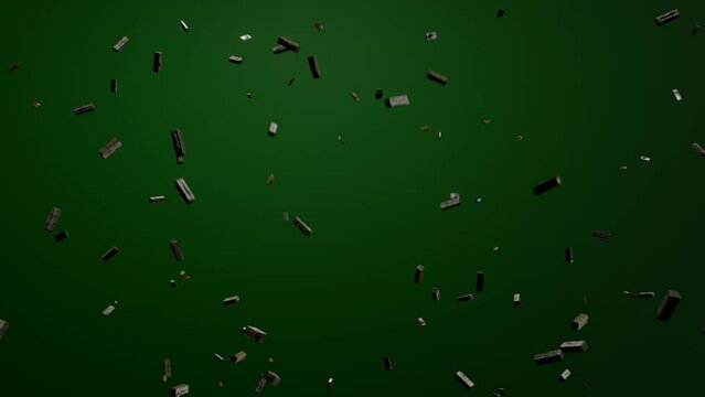flying parts of building bricks, simulation of the explosion of falling bricks on a black background