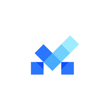 M letter with checkmark and pixel box logo design vector