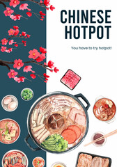 Poster template with Chinese hotpot concept,watercolor