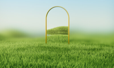 Green grass field with golden arc. Summer landscape scene mockup. 3d illustration