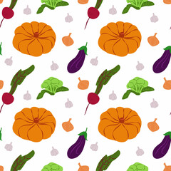 Vector seamless pattern with vegetables. Fresh farm harvest. Design of wrapping paper, textiles, paper. Pattern for the kitchen.