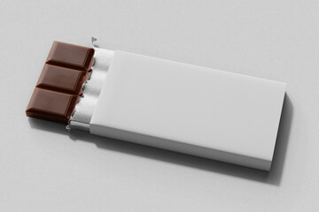 realistic delicious chocolate candy bar food product packaging wrap with foil mockup perspective view with hard shadow