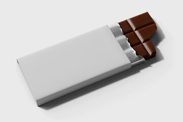 realistic bitten dark chocolate snack candy bar food product packaging wrap with silver foil mockup perspective view