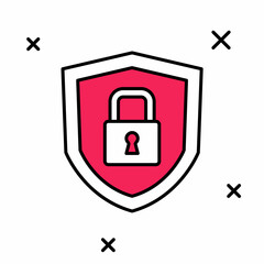Filled outline Shield security with lock icon isolated on white background. Protection, safety, password security. Firewall access privacy sign. Vector