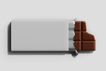 bitten delicious dark chocolate sweet candy bar food product packaging with silver foil realistic mockup top view