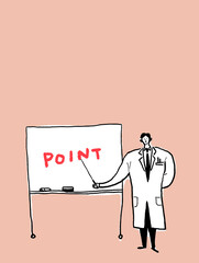 Obraz premium ホワイトボードを指す白衣姿の男性（縦、下中央配置、背景ピンク）