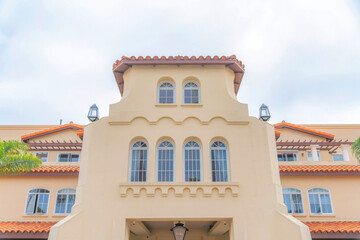 Front exterior of a building with mediterranean design at Carlsbad, San Diego, California
