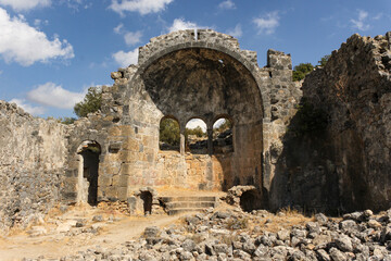 Fethiye, Mugla, Turkey - September 17 2014: Ruins of a chapel on Gemiler Island