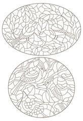 A set of contour illustrations of stained glass windows with birds on tree branches, dark outlines on a white background