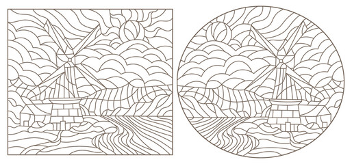 A set of contour illustrations in the style of stained glass with windmills, dark contours on a white background