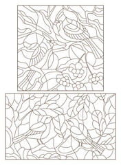 A set of contour illustrations of stained glass windows with birds on tree branches, dark outlines on a white background