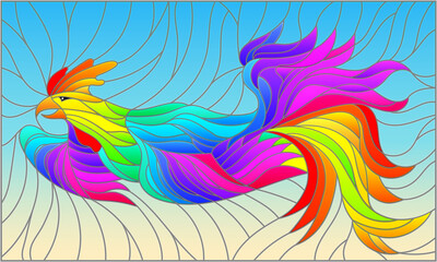 Stained glass illustration with an abstract rooster on a blue background, rectangular image