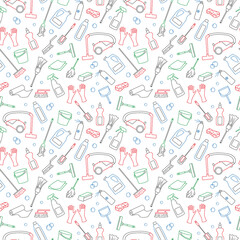 Fototapeta na wymiar Seamless pattern on the theme of cleaning and household equipment and cleaning products, simple colored contour icons on white background