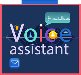 Fototapeta premium Voice assistant banner. Smart speaker with voice recognition flat vector inscription for websites on blue background. Smart speaker recognizes voice commands and controls smart home devices